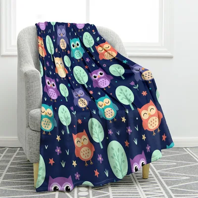 Cute Owl Blanket: Night Forest Owls on Navy