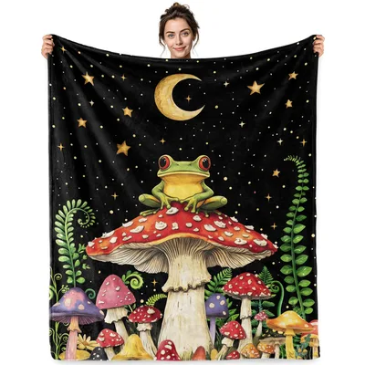 Frog on Mushroom Blanket: A Starry Night Throw