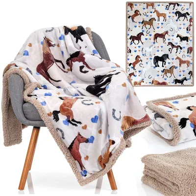 Horses and Hearts Blanket: Equestrian Pattern with Blue Hearts