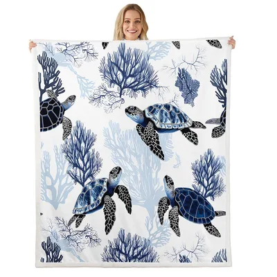 Navy Turtle Coral Blanket: Sea Life Design for Ocean Lovers
