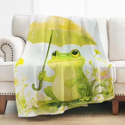 Frog with Umbrella Blanket: Cozy Watercolor Rain Day Throw