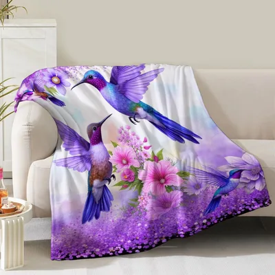 Purple Hummingbird Blanket: Floral Bird Throw