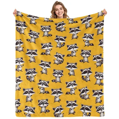 Cartoon Raccoon Blanket: A Playful Yellow Throw