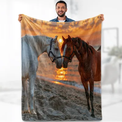 Sunset Horses Blanket: Two Horses at Dusk on the Sand