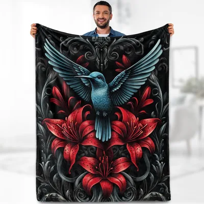 Red Lily Blanket: Hummingbird Floral Art Throw