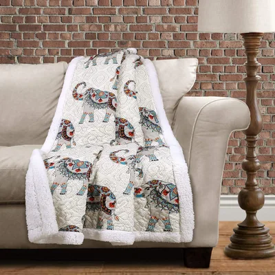 Boho Elephant Blanket with Patterned Elephants on Cream