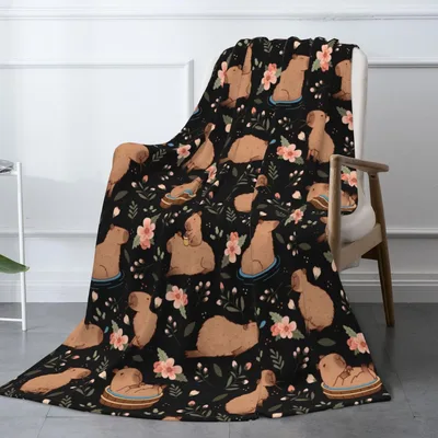 Cute Capybara Blanket with Florals on Black