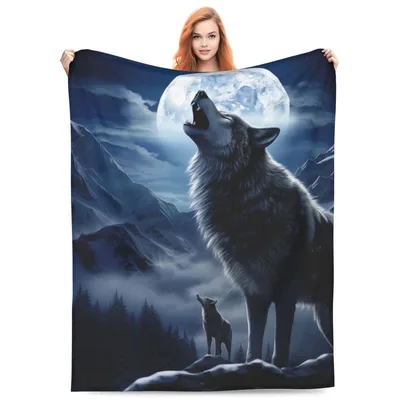 Wolf Howling Blanket for Moonlit Nights and Mountain Lovers