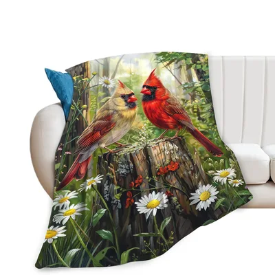 Red Cardinal Pair Blanket: Two Birds Among Daisies
