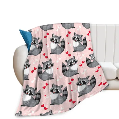 Raccoon Hearts Blanket: Cozy Pink Raccoon Throw