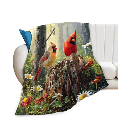 Forest Birds Blanket: Two Cardinals on a Mossy Stump