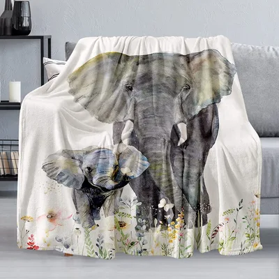 Mother Elephant Blanket with a Watercolor Calf