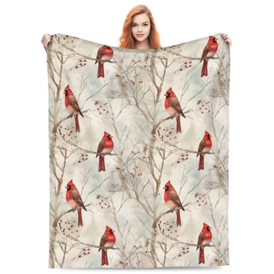 Winter Birds Blanket with Red Cardinals on Snowy Branches