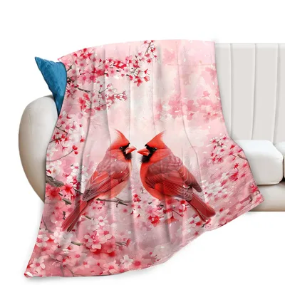 Red Cardinal Couple Blanket with Pink Blossoms
