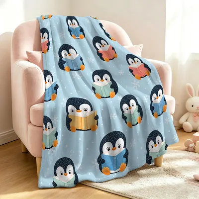 Reading Penguins in Snowflakes Blanket for Cozy Book Nights