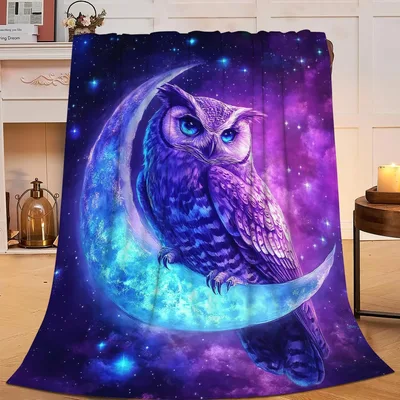 Owl on Moon Blanket: Purple Galaxy Owl Throw