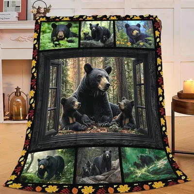 Forest Bear Blanket: Black Bear Family in the Woods