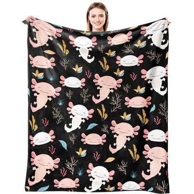 Pink Axolotls on Black Blanket: Cute Animal Throw for Fans