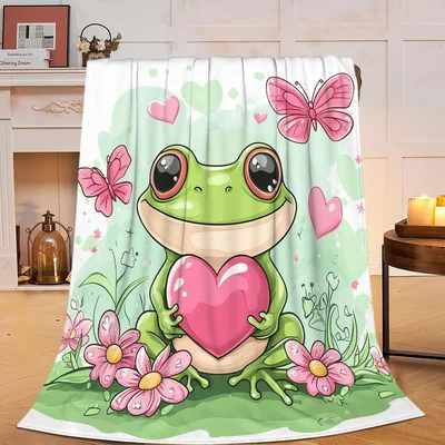 Cute Frog Heart Blanket: Smiling Amphibian Holding Pink Love