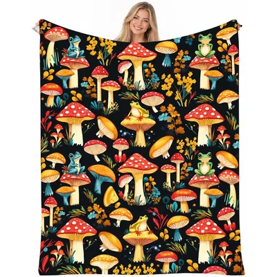 Mushroom Frog Cottagecore Blanket featuring colorful toadstools