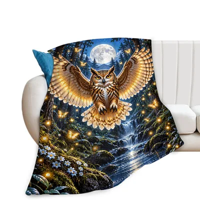 Forest Owl Blanket: Wings Lit by a Moonlit Forest