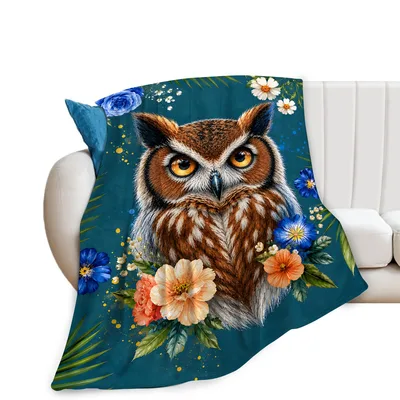 Floral Owl Blanket: A Wide-Eyed Owl Among Blooms