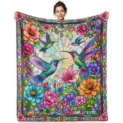 Hummingbird Stained Glass Blanket for Bird Lovers and Garden Fans