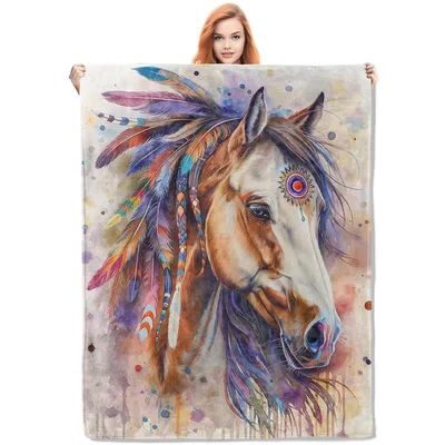 Horse with Feathers Blanket: Watercolor Feather Mane Throw