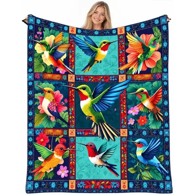 Bird Watcher Blanket with Six Hummingbirds in Bright Patchwork