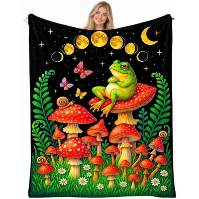 Cottagecore Frog Blanket: Moon, Mushrooms and Mossy Charm