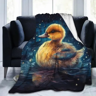 Duckling Starry Night Art Blanket: Fluffy Duck in Cosmic Water