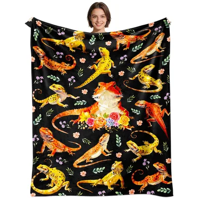 Bearded Dragon Lover Blanket: Lizards and Blooms on Black