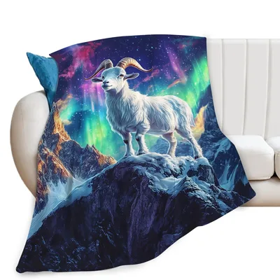 Aurora Borealis Blanket: A White Goat on a Glowing Peak