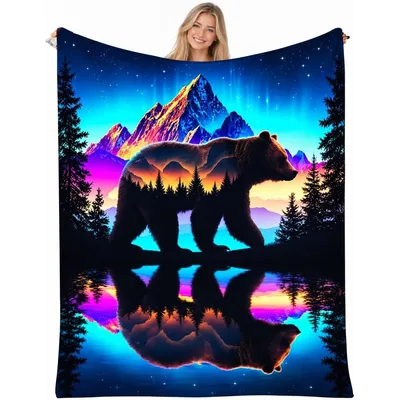 Bear Silhouette Blanket: A Night Sky Over Mountains and Pines