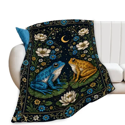 Moon Frogs Blanket: A Night Pond Scene in Navy and Gold