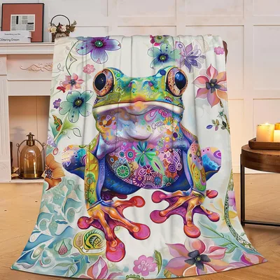 Colorful Frog Blanket with a Painted Floral Print
