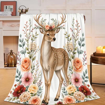 Floral Deer Blanket with Blush Blooms and Antlers