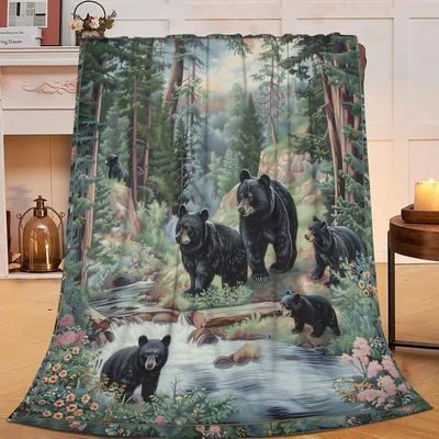 Black Bear Family Blanket for Forest Lovers