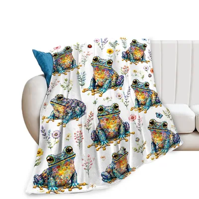 Floral Frog Blanket with Painted Blue Frogs and Wildflowers