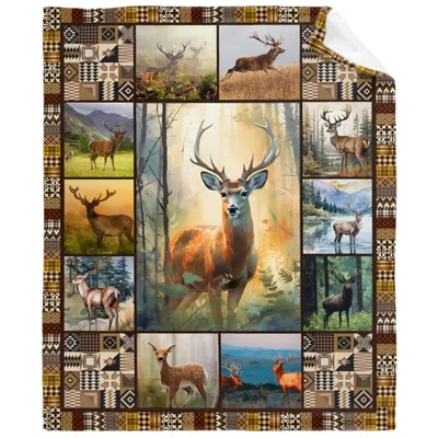 Deer Hunting Lodge Decor Blanket: Wildlife Collage with Plaid Border