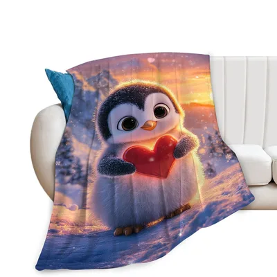 Cute Penguin Heart Blanket: Fluffy Bird Holding Glowing Red Heart