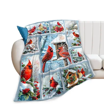 Snowy Birdhouse Blanket with Winter Cardinals and Holly