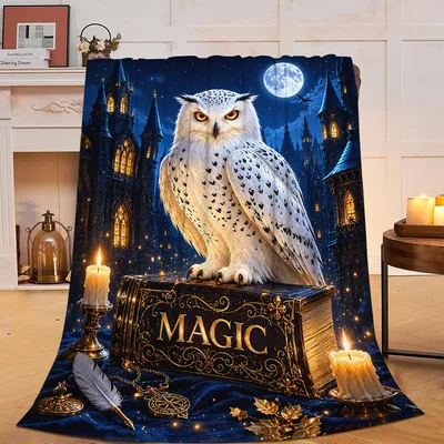 Snowy Owl Magic Blanket: Enchanted Owl and Gothic Castle Print