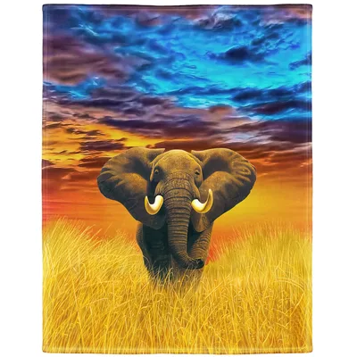 Savanna Sunset Blanket: An Elephant Under a Blazing Sky