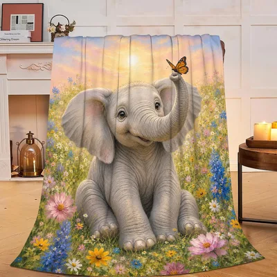 Butterfly Meadow Blanket: A Baby Elephant in Flowers