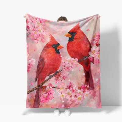Pink Cardinal Pair Blanket: Red Birds and Cherry Blossoms Art