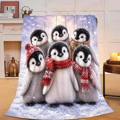 Baby Penguins Winter Blanket: Fluffy Chicks in Scarves and Snow