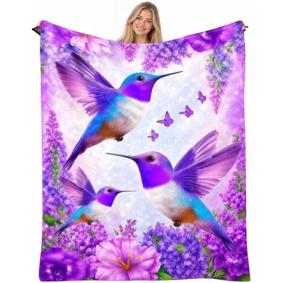Hummingbird Purple Flowers Blanket for Bird Lovers