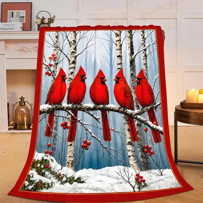 Red Cardinals on Snowy Birch Branch Blanket Winter Bird Art