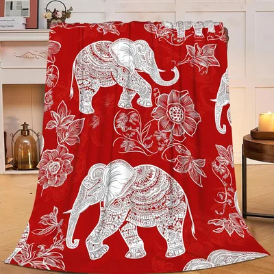 Boho Elephant Pattern Blanket: Intricate White Elephants on Red